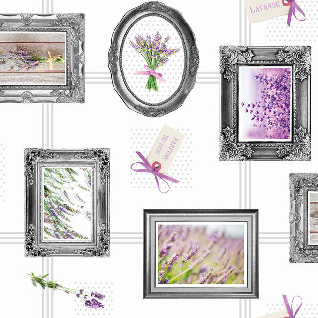 Närbild Lavendel Museet, vaxduk med lavendelmönster