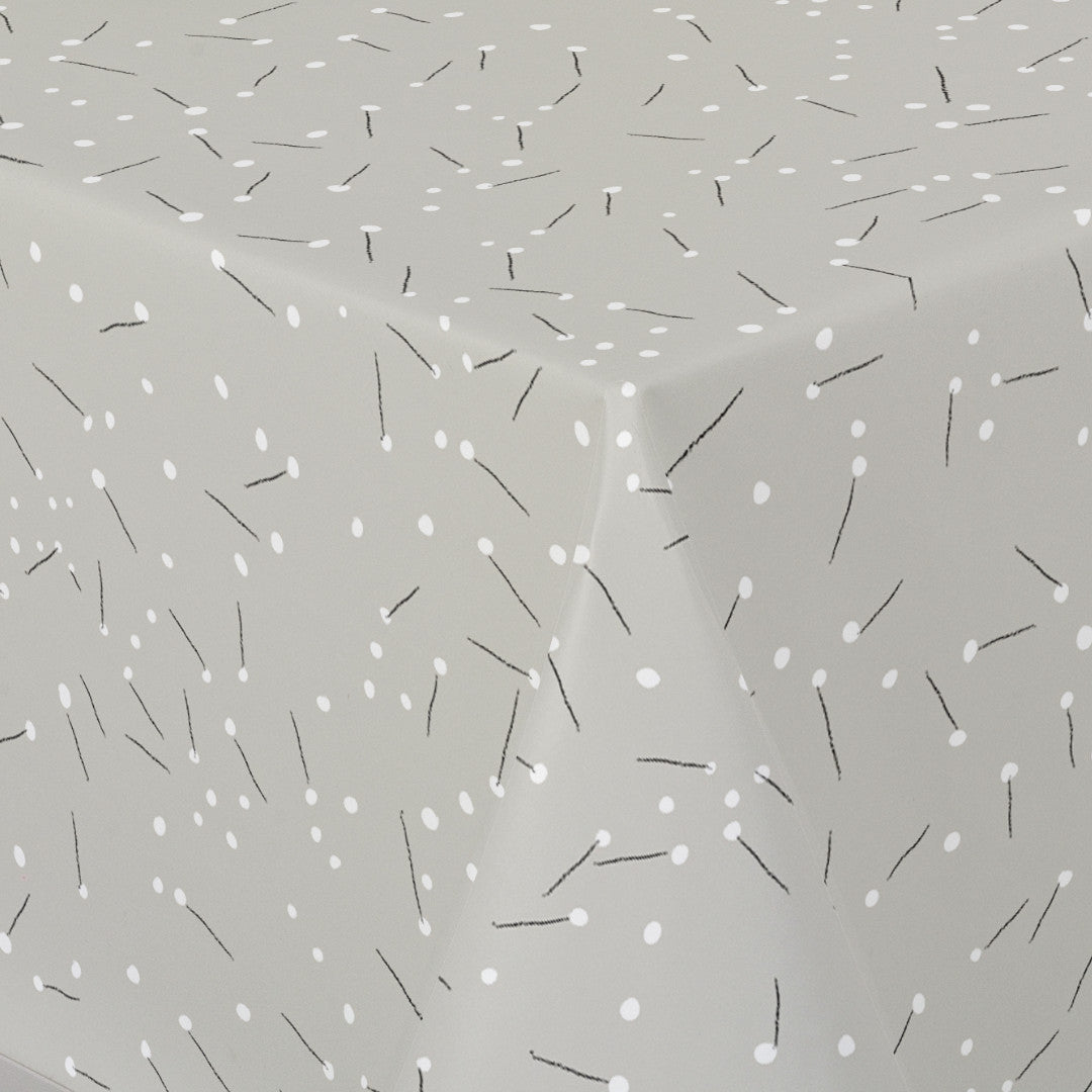 På bordet Light Me Up - 160 cm bred grå vaxduk med streck och prickar