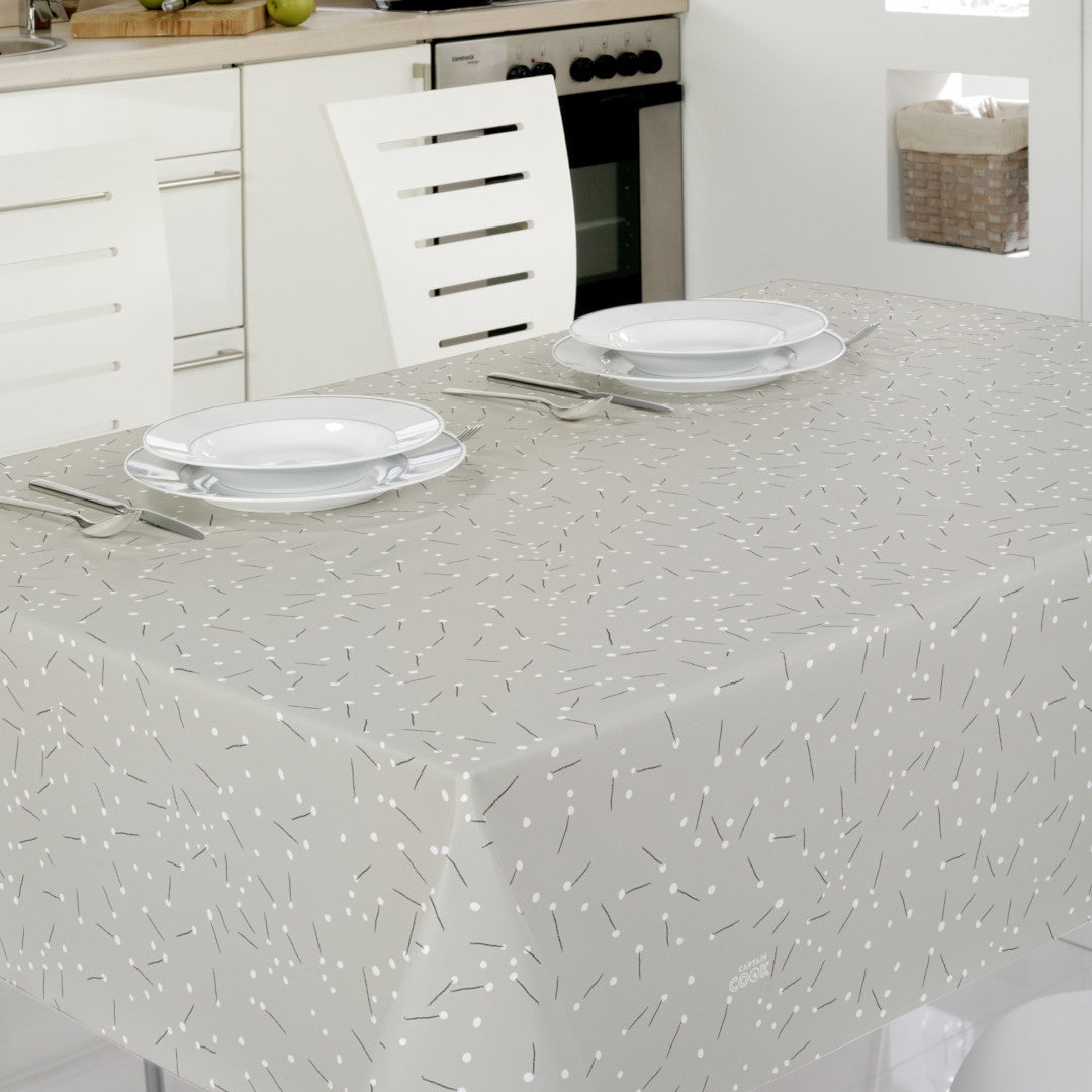 Bordet dukat Light Me Up - 160 cm bred grå vaxduk med streck och prickar