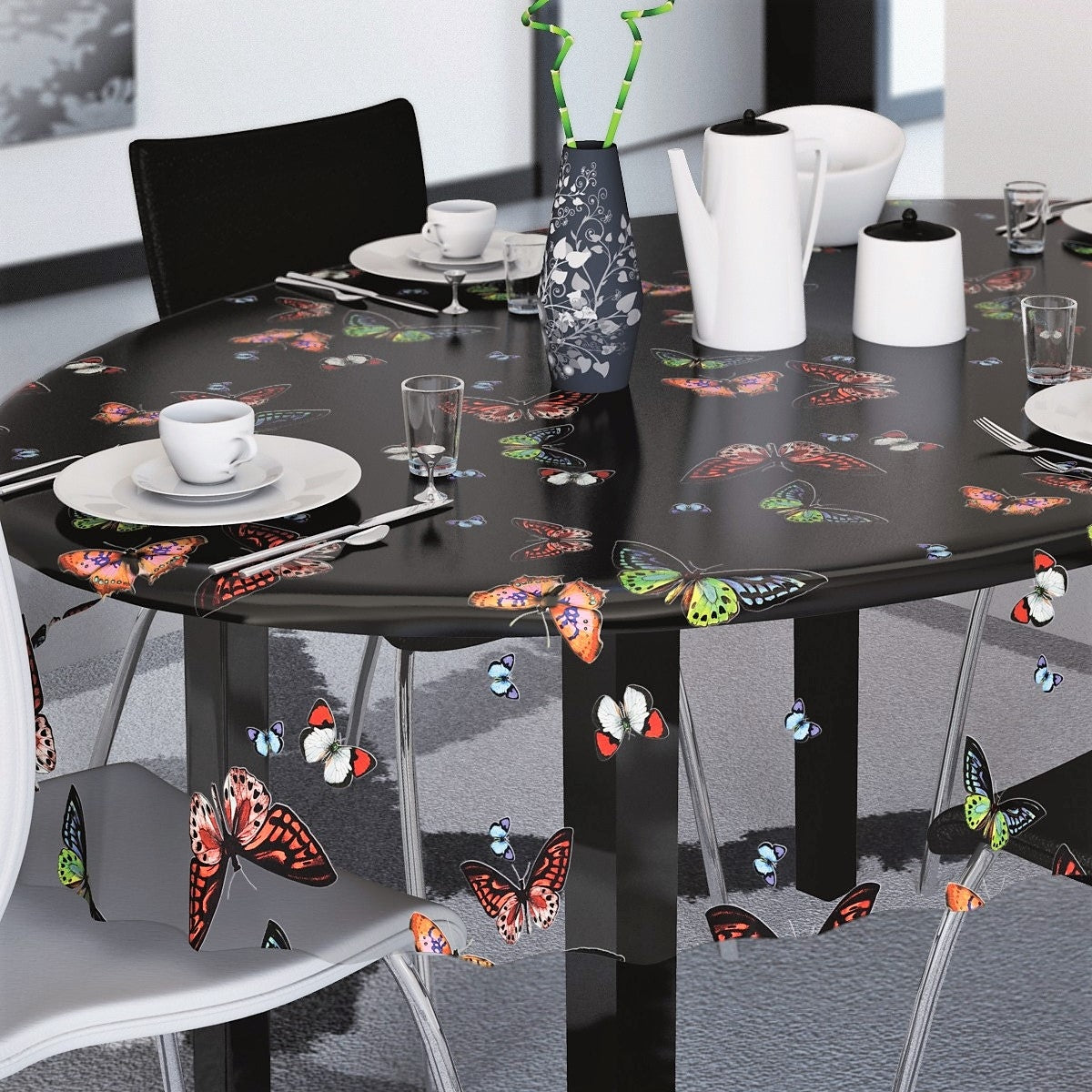 Lilith, transparent vaxduk, bordsduk i genomskinlig plast med färgglada fjärilar