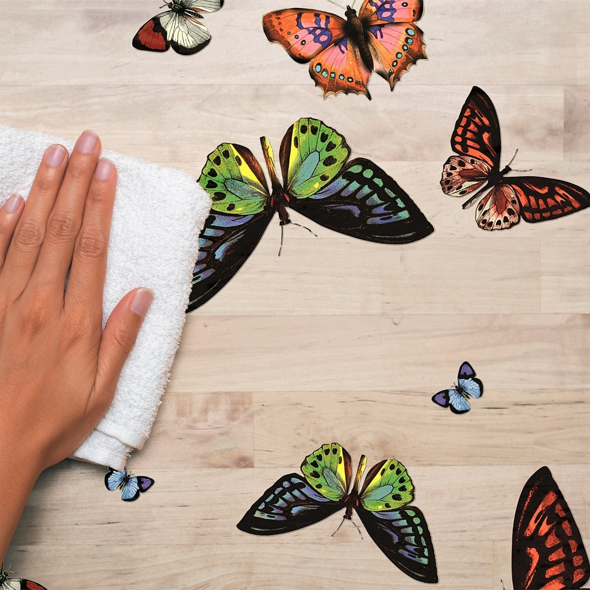 Dukat bord med Lilith, transparent vaxduk, bordsduk i genomskinlig plast med färgglada fjärilar