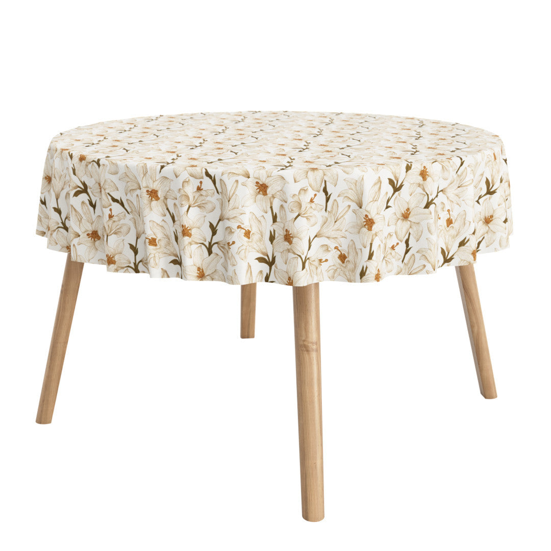 Liljor vit/beige - rund textilduk med blommor och glidskydd