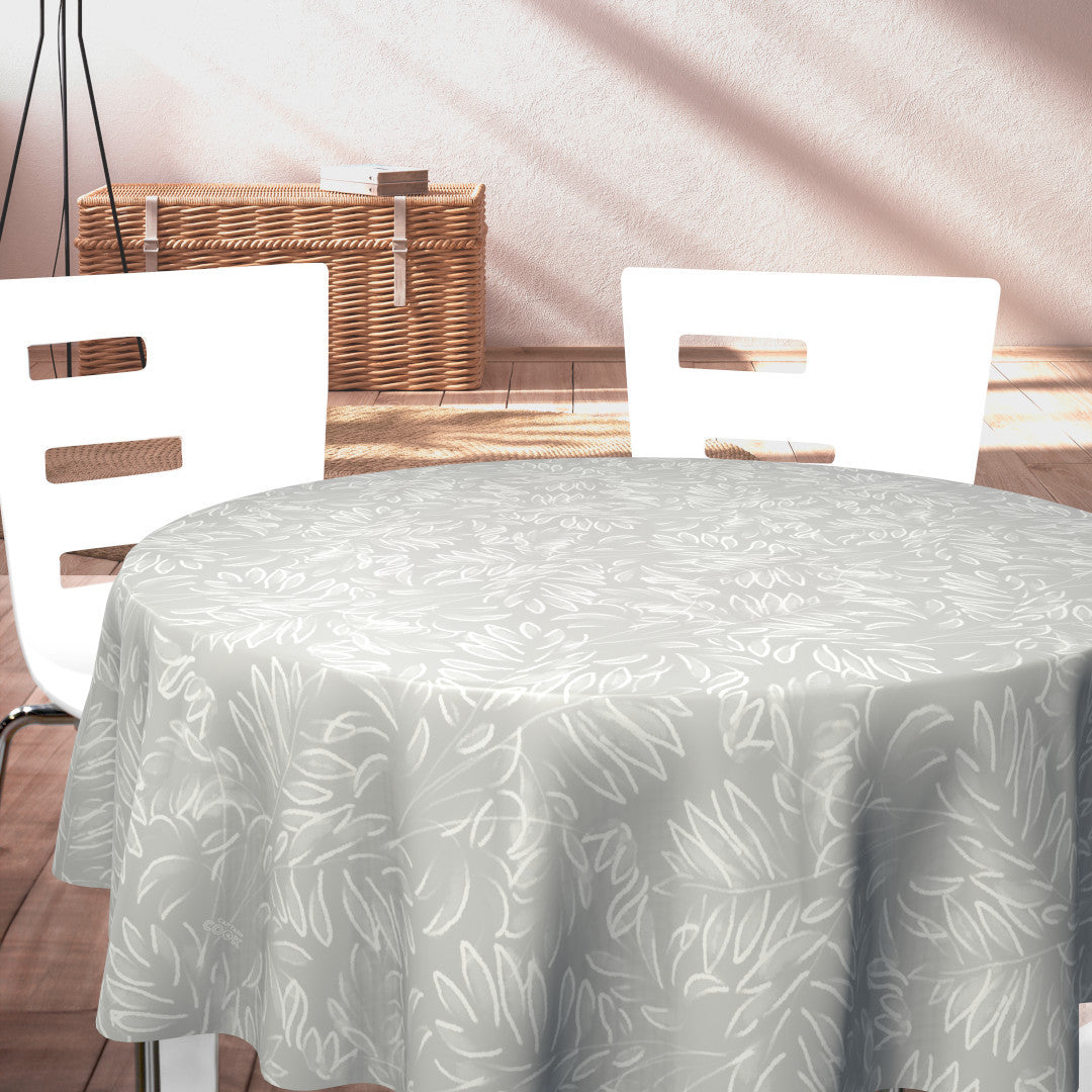 Live The Leaf Cotton Grey - Elegant 160 cm bred rund vaxduk med vita blad