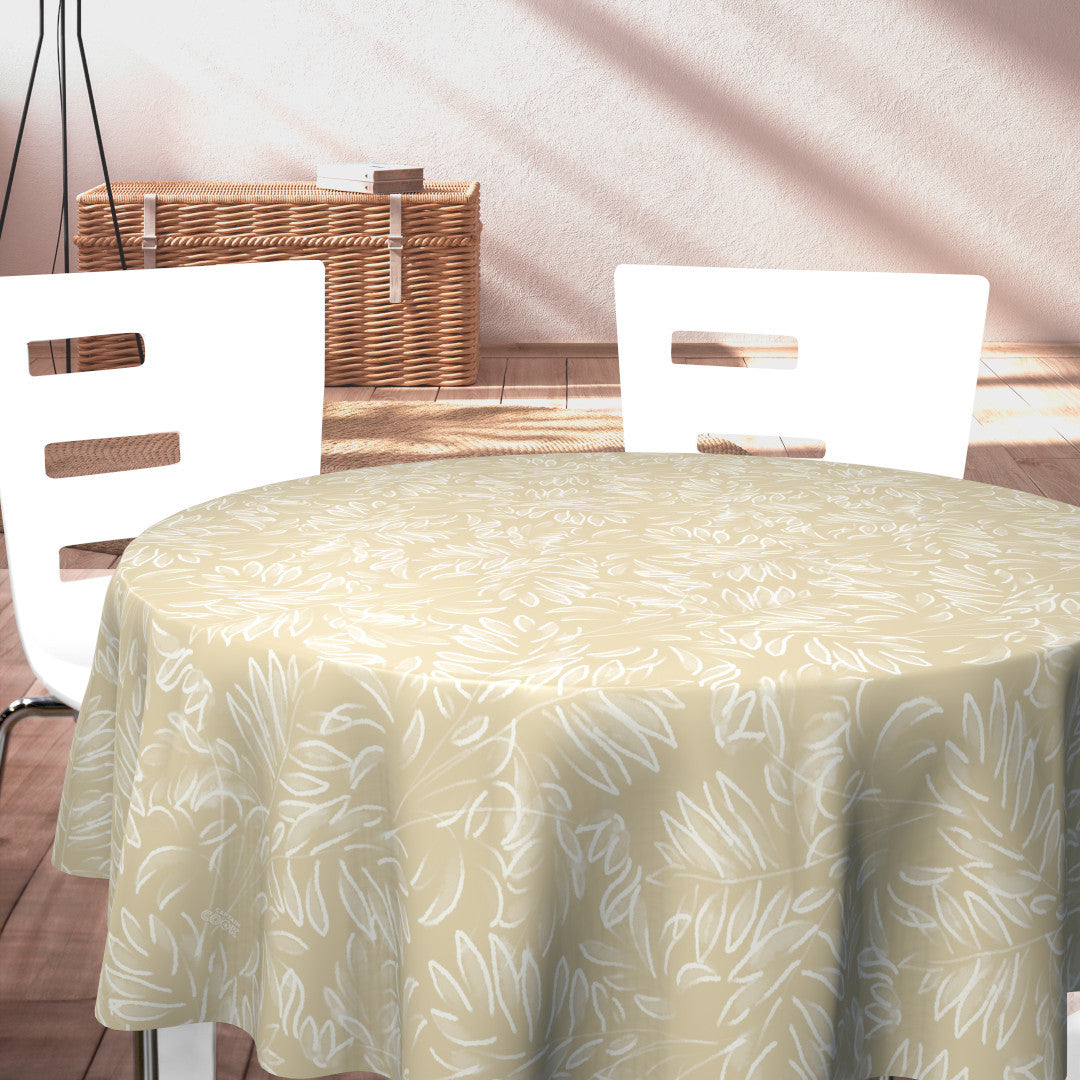 Live The Leaf Wheat - Elegant 160 cm bred rund vaxduk med vita blad