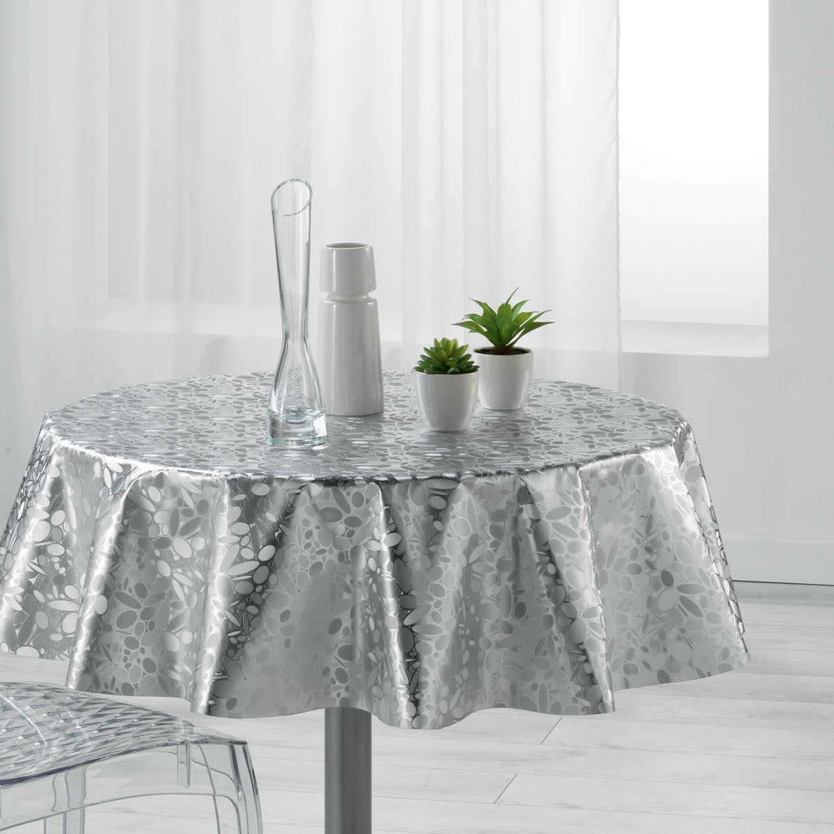 Metallise Luny grå - Rund vaxduk, Ø 155 cm