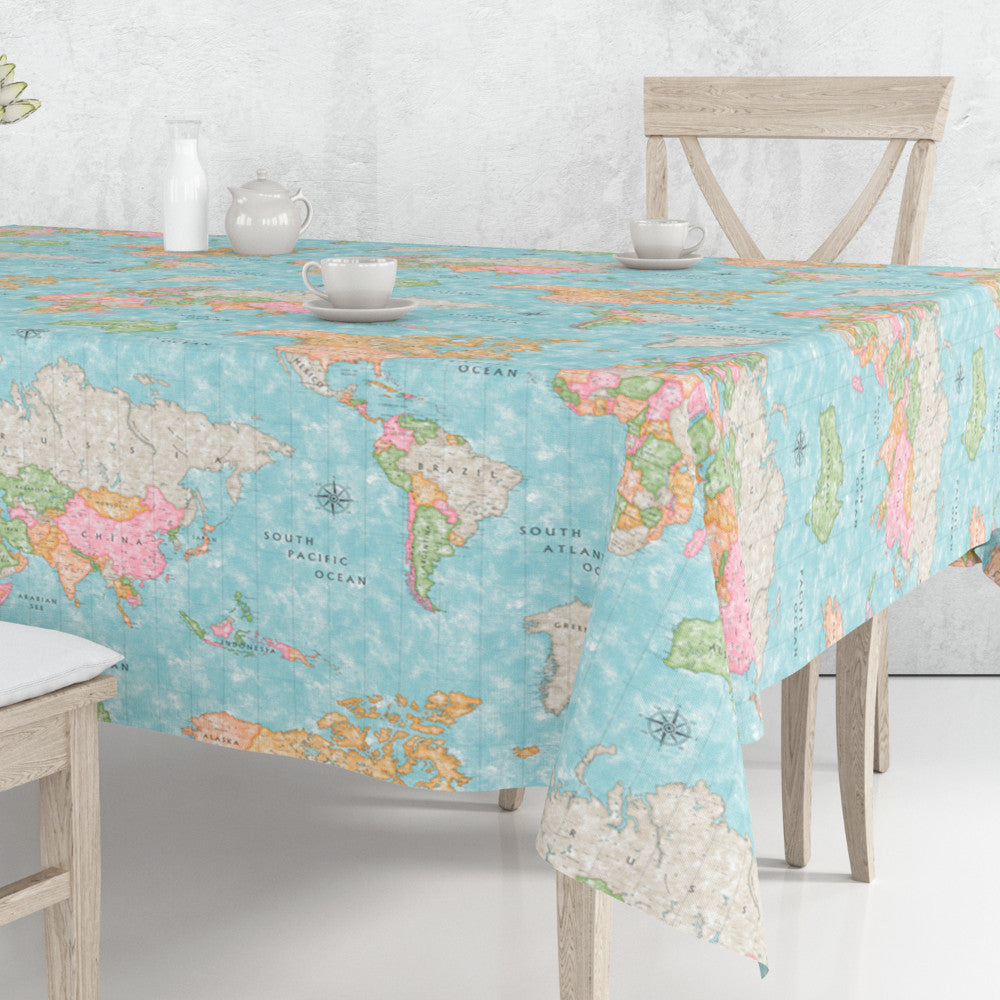 Map Mundi, textilvaxduk med världskarta i blått