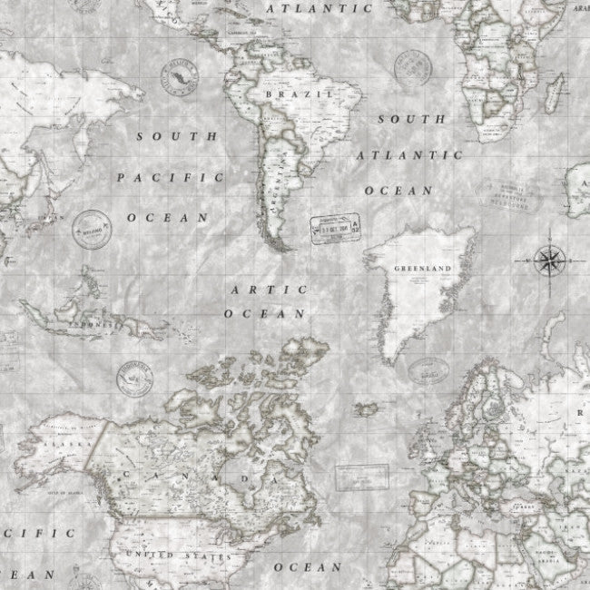 Map Mundi grå, textilvaxduk med världskarta