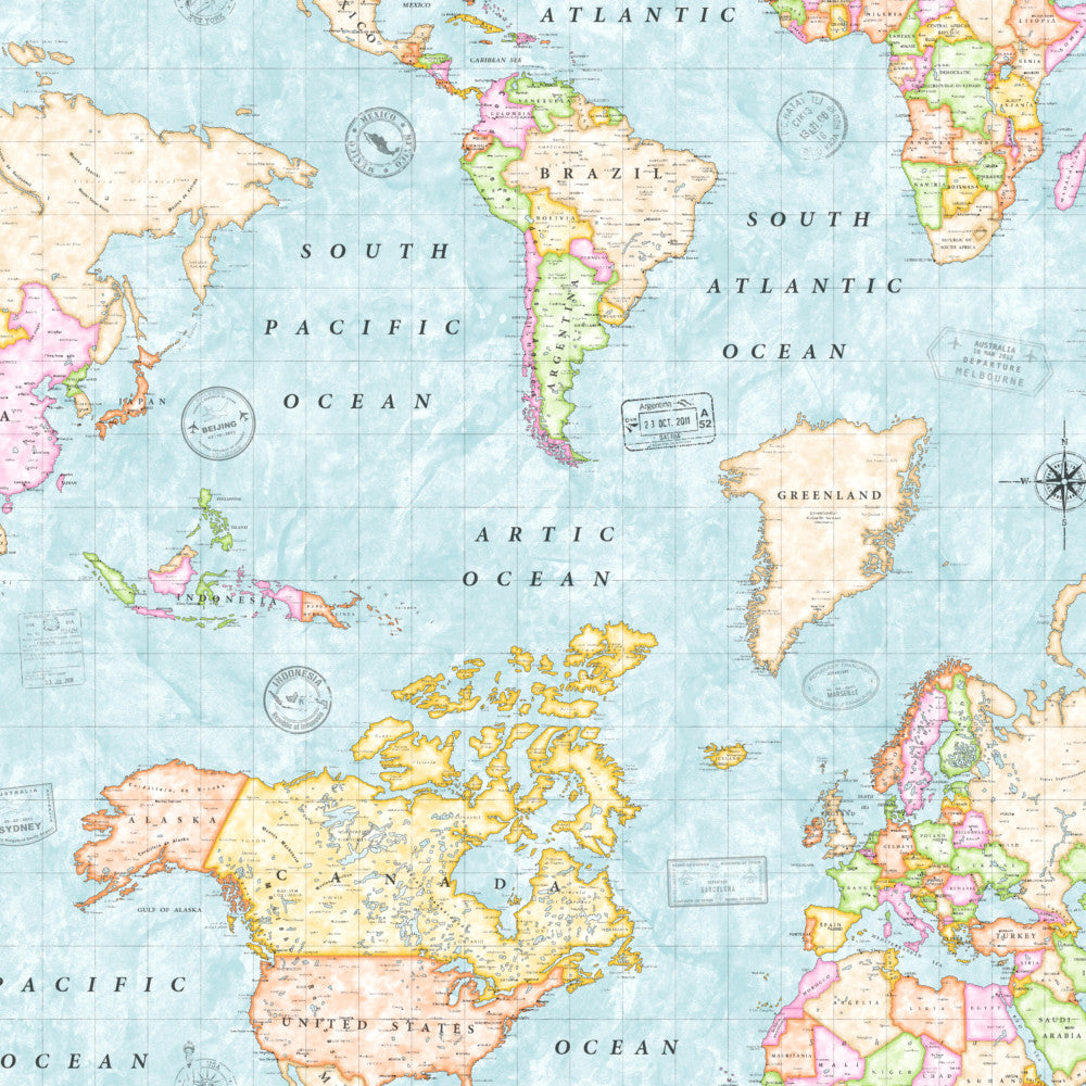 Map Mundi, textilvaxduk med världskarta i blått