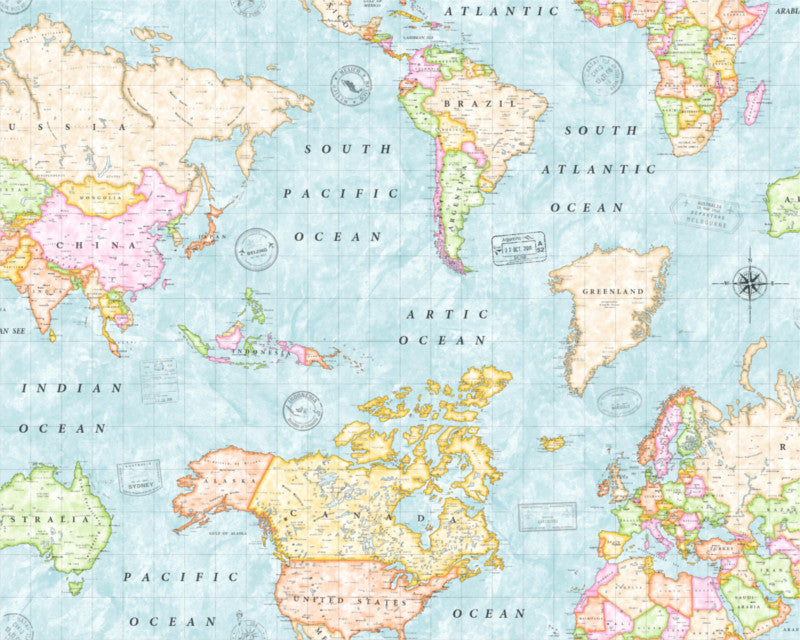 Map Mundi, textilvaxduk med världskarta i blått