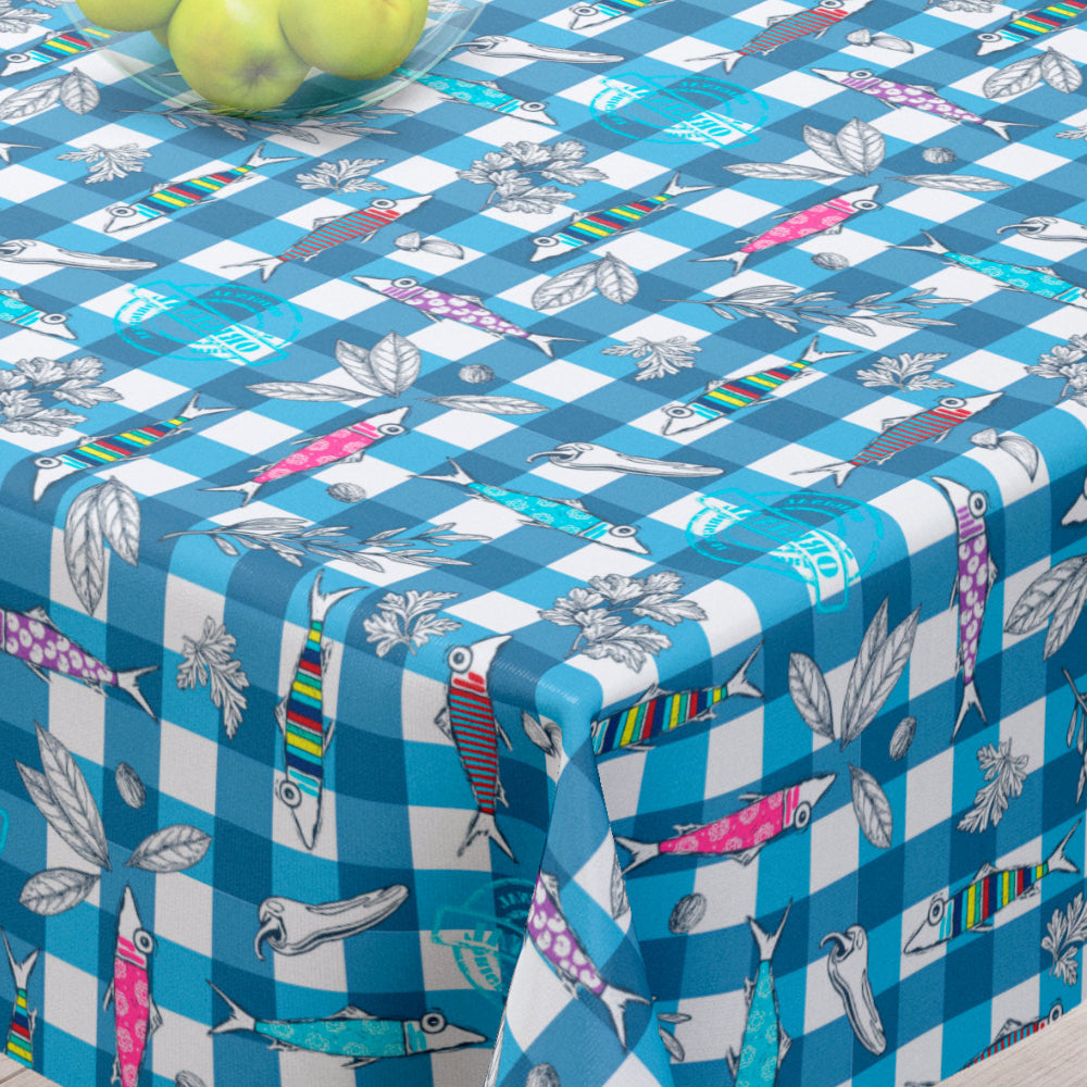 Maquereaux Blå – Textilvaxduk med färgglada fiskar – 155 cm bred