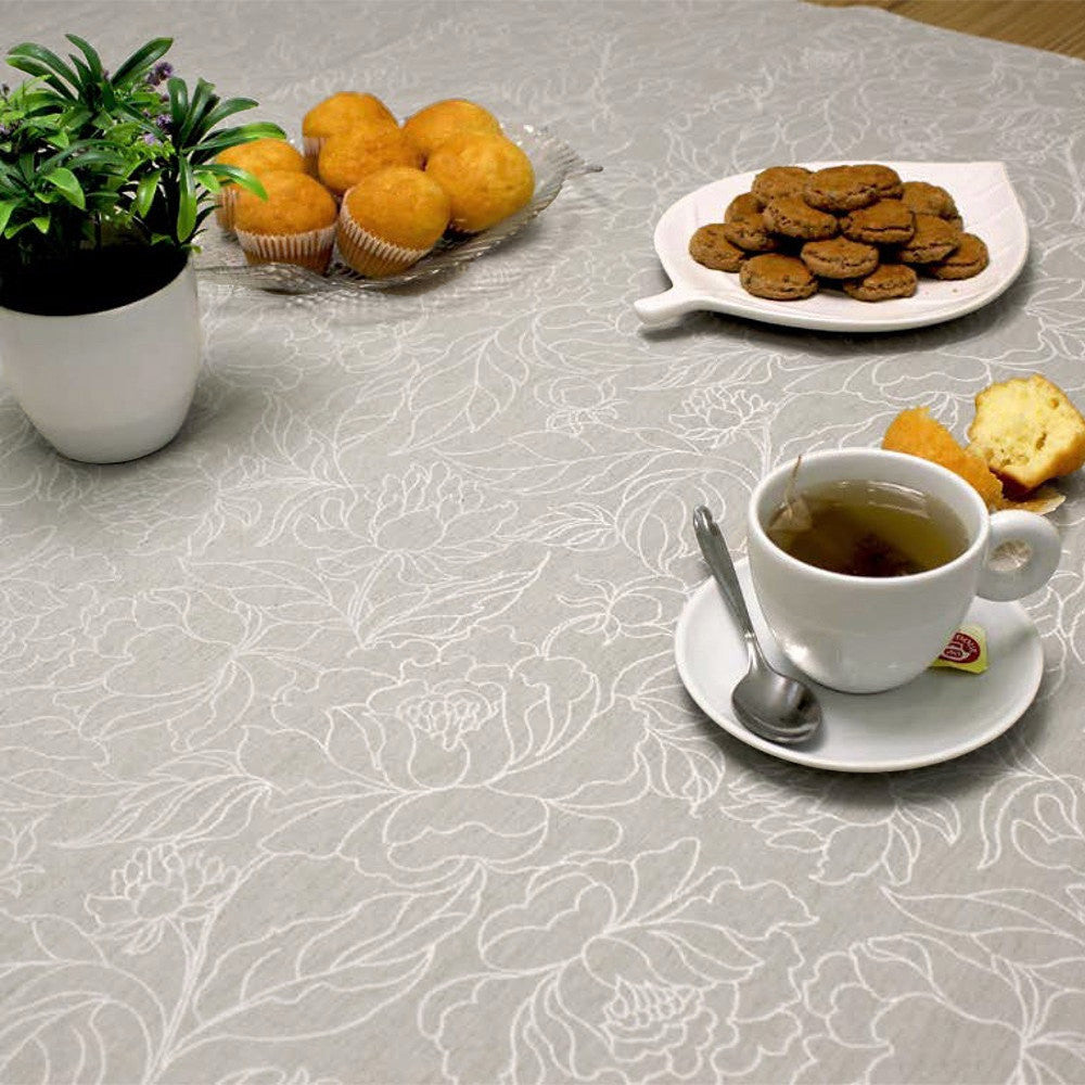 Marcella Ljusgrå - Jacquardvävd textilvaxduk med vackra streckblommor, 140 cm