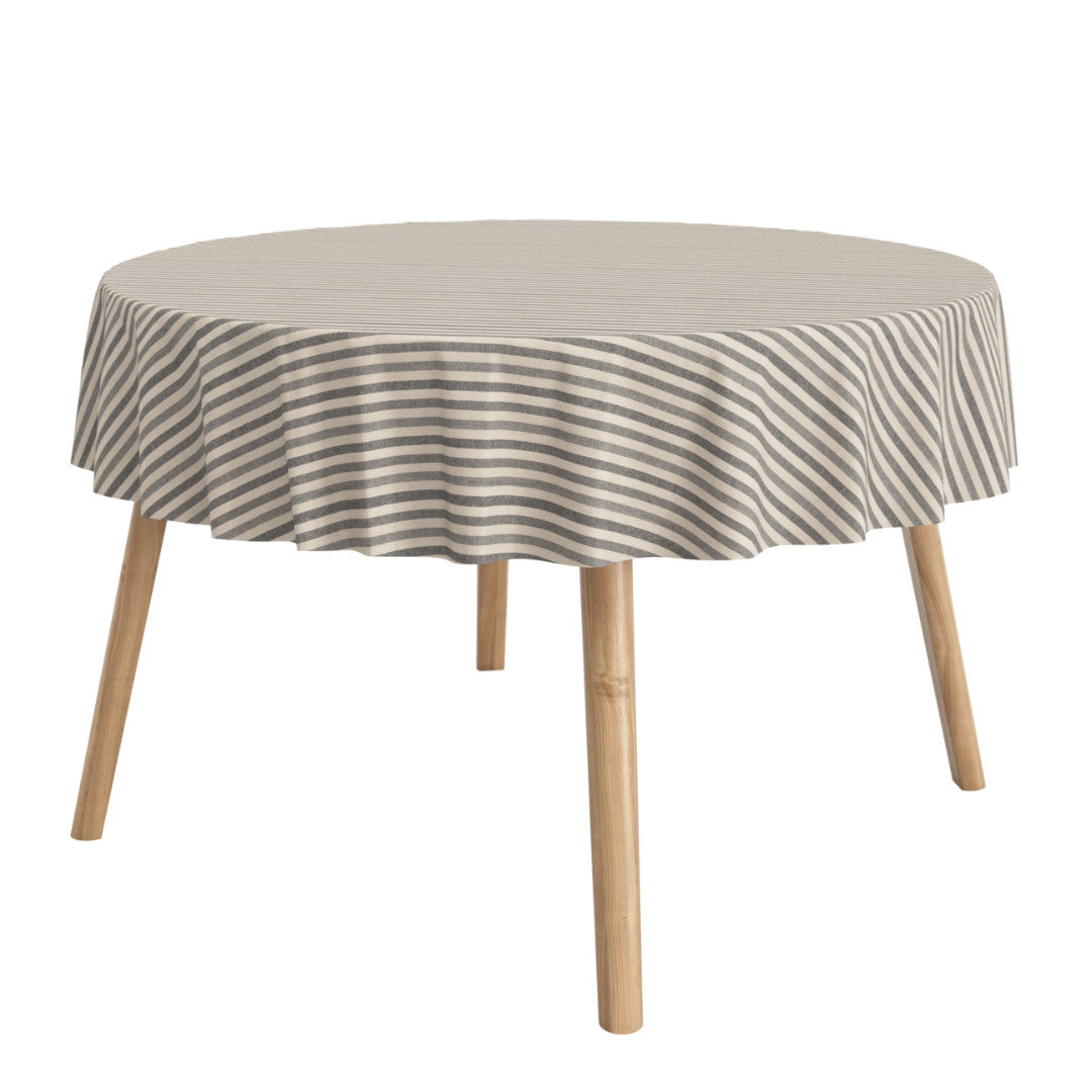 Miljöbild rund textilduk - Marché Stripes Grå - textilduk med ränder i linne-look