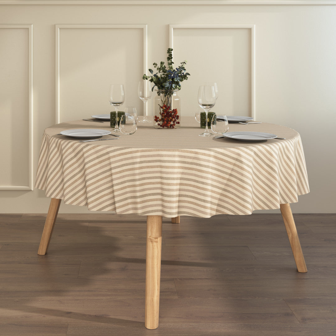 Miljöbild Rund textilduk med ränder och glidskydd med rund akryldug - Marché Striber Sand