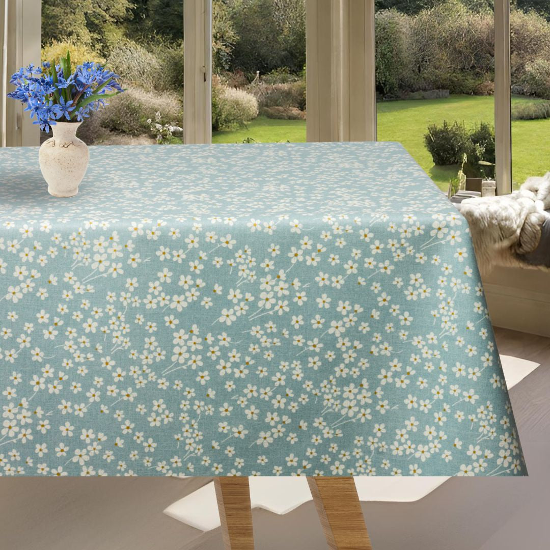 Marguerit Flor Himmelblå - Textilvaxduk med prästkragar och glidskydd