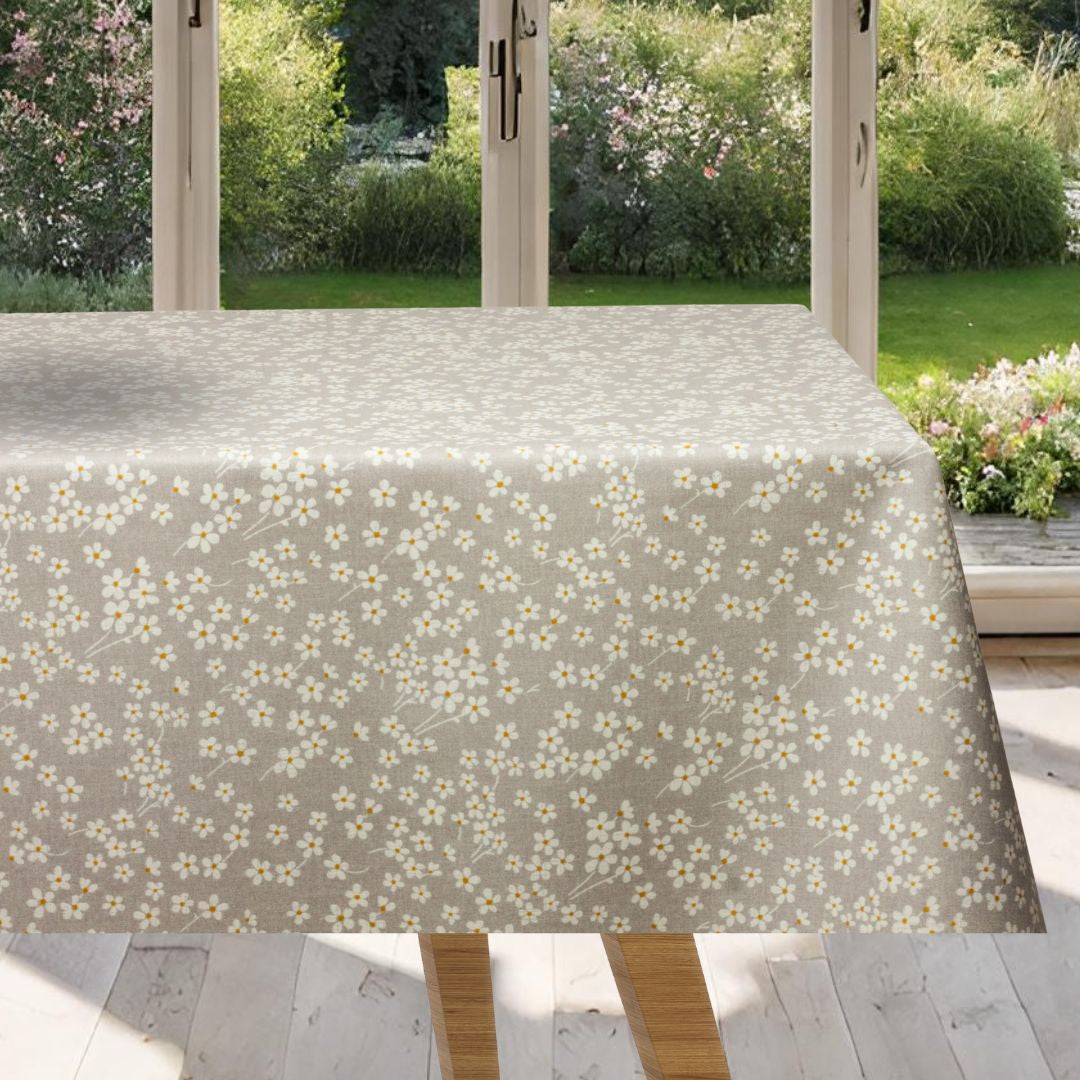 Marguerit Flor Ljusgrå - Textilvaxduk med prästkragar och glidskydd