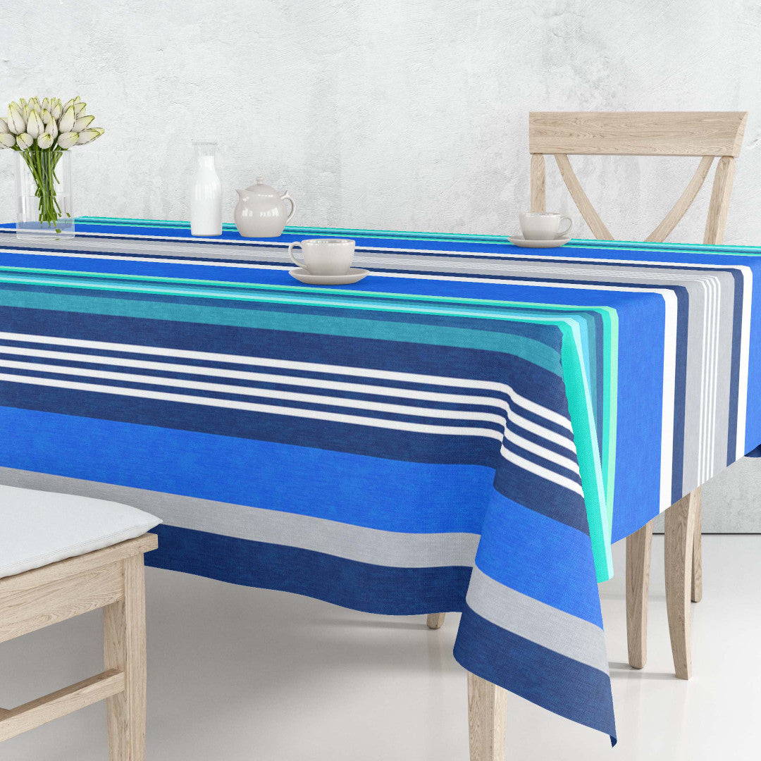 Maritim Stribe Blå - textilvaxduk med randigt mönster i blå nyanser, 160 cm