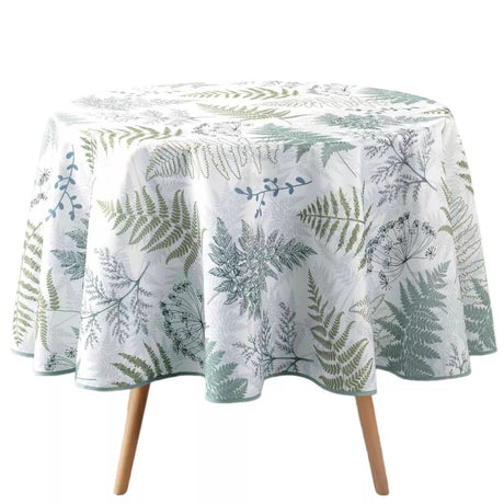 Melisandre - Ø 180 cm, rund bordsduk med ormbunksblad och fläckskydd på bordet