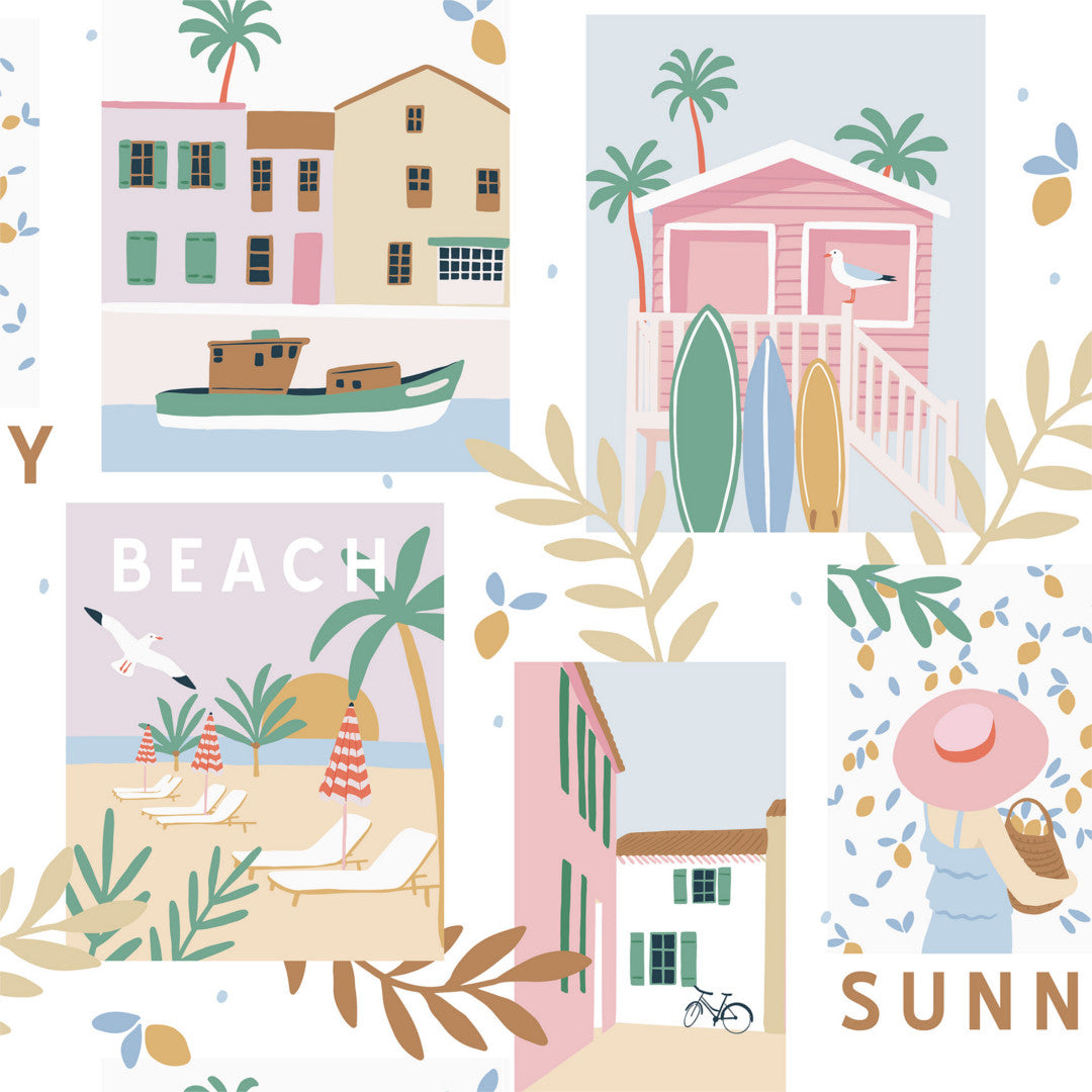 Merida - Vit vaxduk med semestermotiv