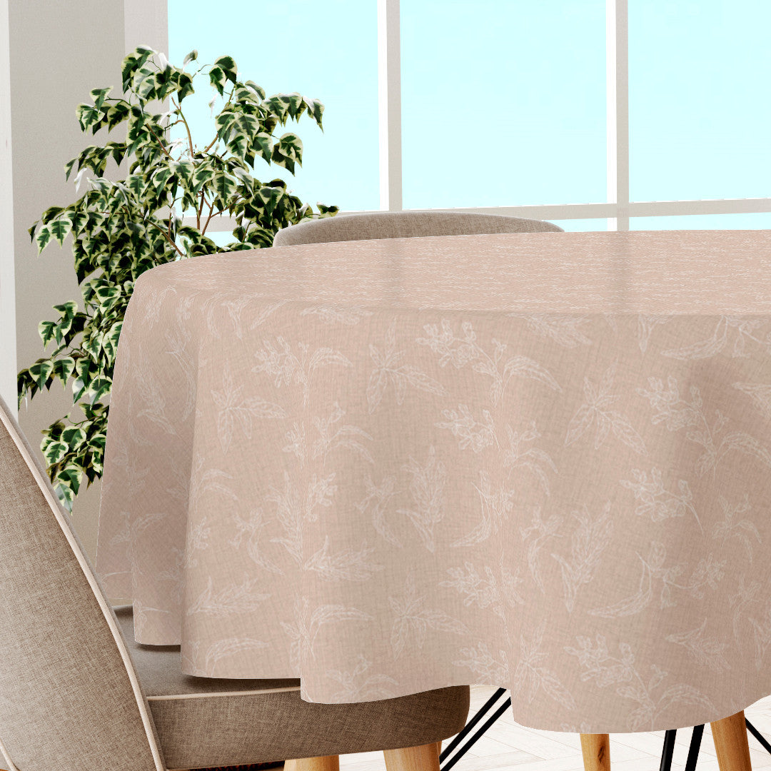 Mesina Beige - rund vaxduk i linne-look med vitrandiga blad