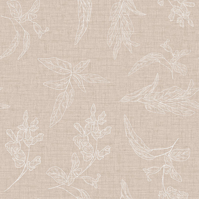 Närbild av Mesina Beige - Vaxduk i linne-look med vitrandiga blad