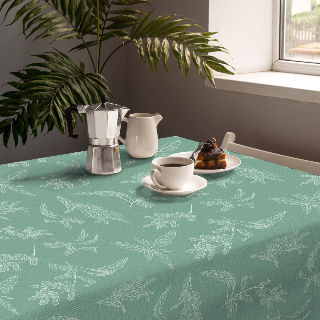 Miljöbild av Mesina Green - Vaxduk i linne-look med vitrandiga blad