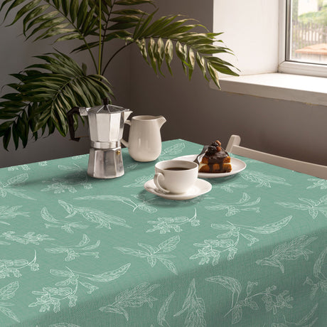 Miljöbild av Mesina Green - Vaxduk i linne-look med vitrandiga blad