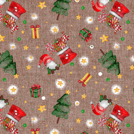 Närbild av Regalos julbordsduk - textilduk i varm brun linne-look med julklappar, tomtar och julgranar