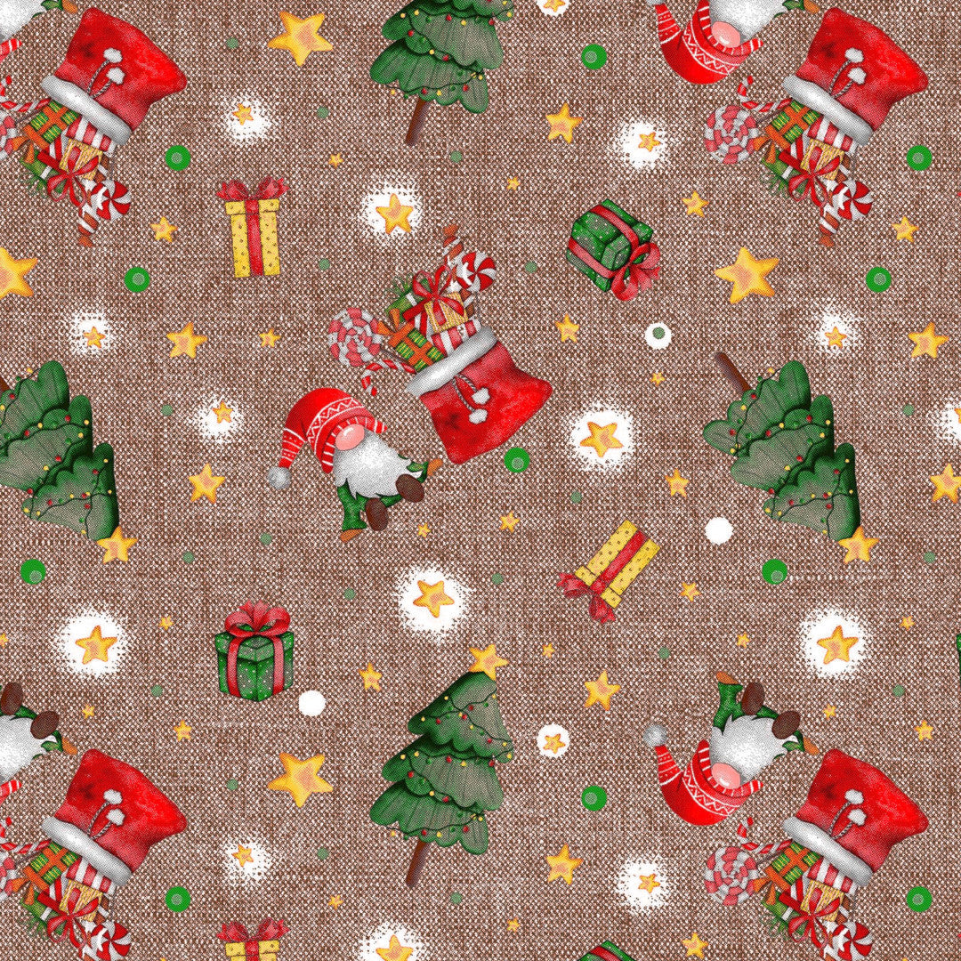 Närbild av Regalos julbordsduk - textilduk i varm brun linne-look med julklappar, tomtar och julgranar