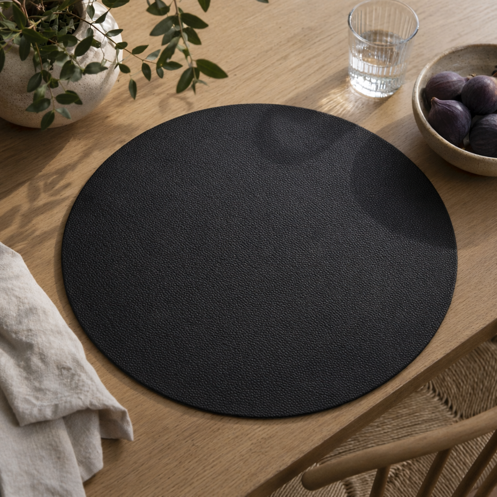 Moon rund bordstablett i konstläder – Black/Light grey – Ø38 cm, miljö