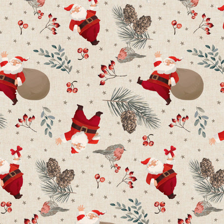 Närbild av Navida Julbordsduk med jultomten med sin fyllda säck