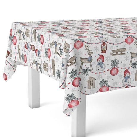 Hörnbild med Nieve Julduk med glada snögubbar