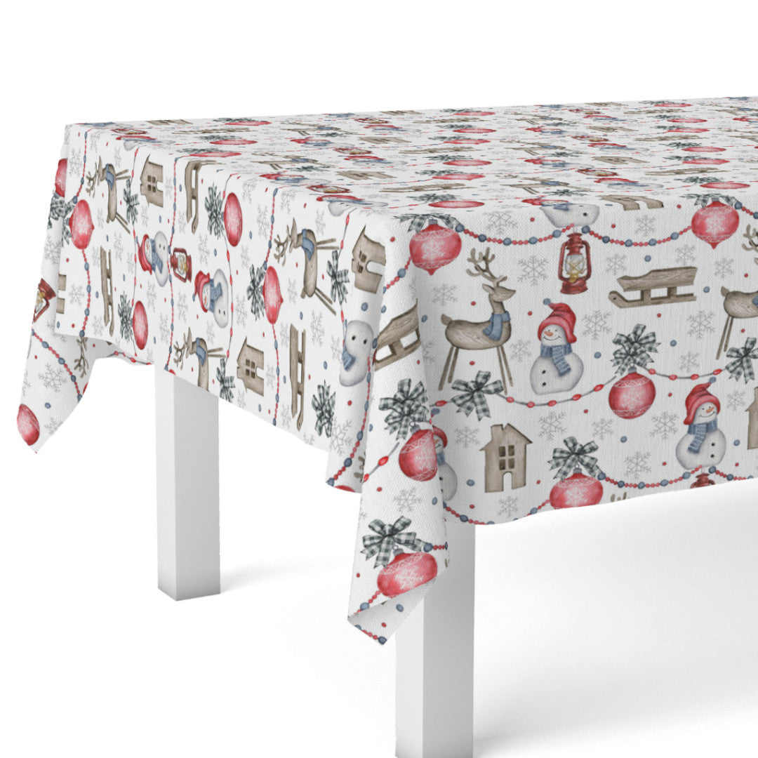 Hörnbild med Nieve Julduk med glada snögubbar