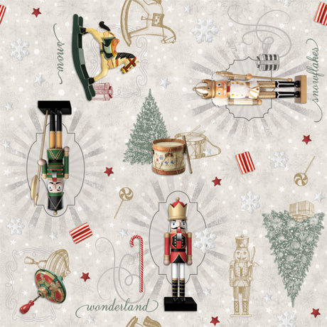 Nötknäckaren - Julvaxduk, trumma, gunghäst. Närbild