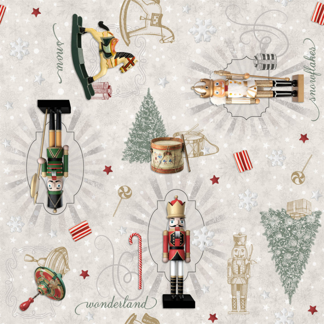 Nötknäckaren - Julvaxduk, trumma, gunghäst. Närbild