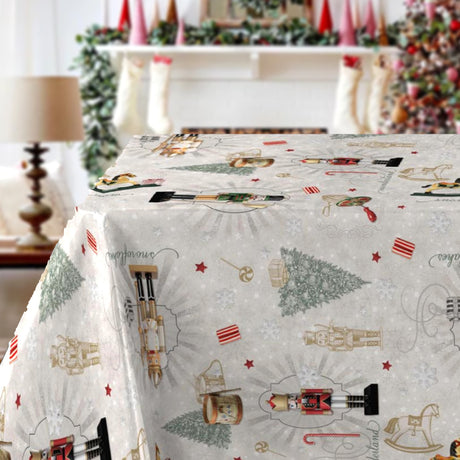 Nötknäckaren - Julvaxduk, julgranar, paket. Miljöbild