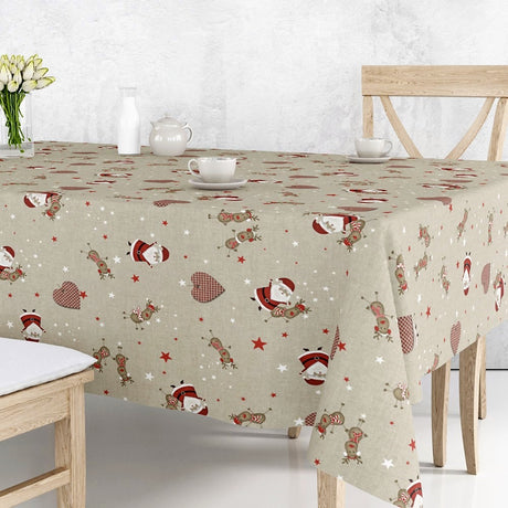 Noel Natur - Textilvaxduk på bordet med tomten och hans renar