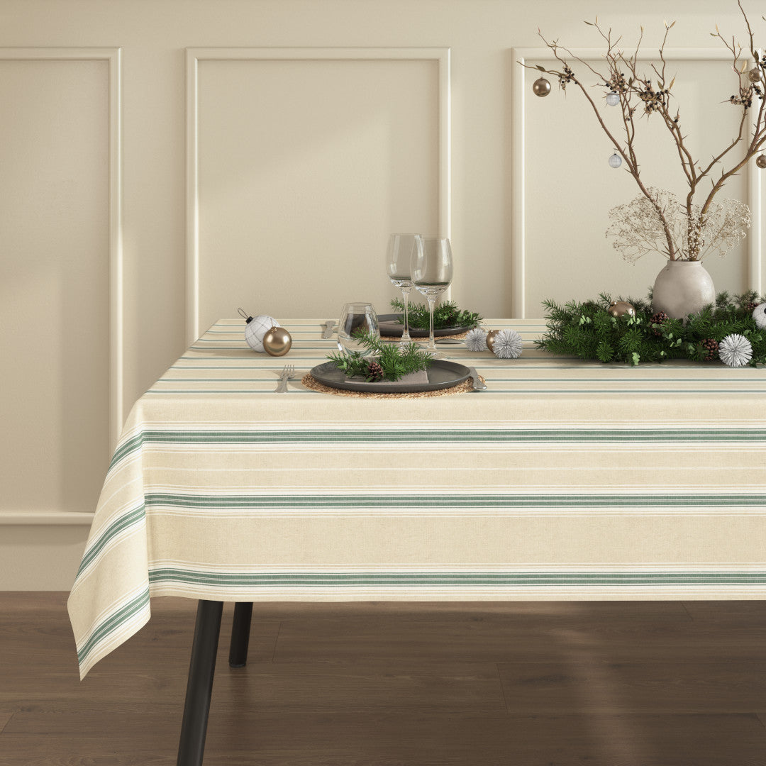 Miljöbild med Nordisk Jul Grön Randig - Akrylbelagd textilduk i linnelook