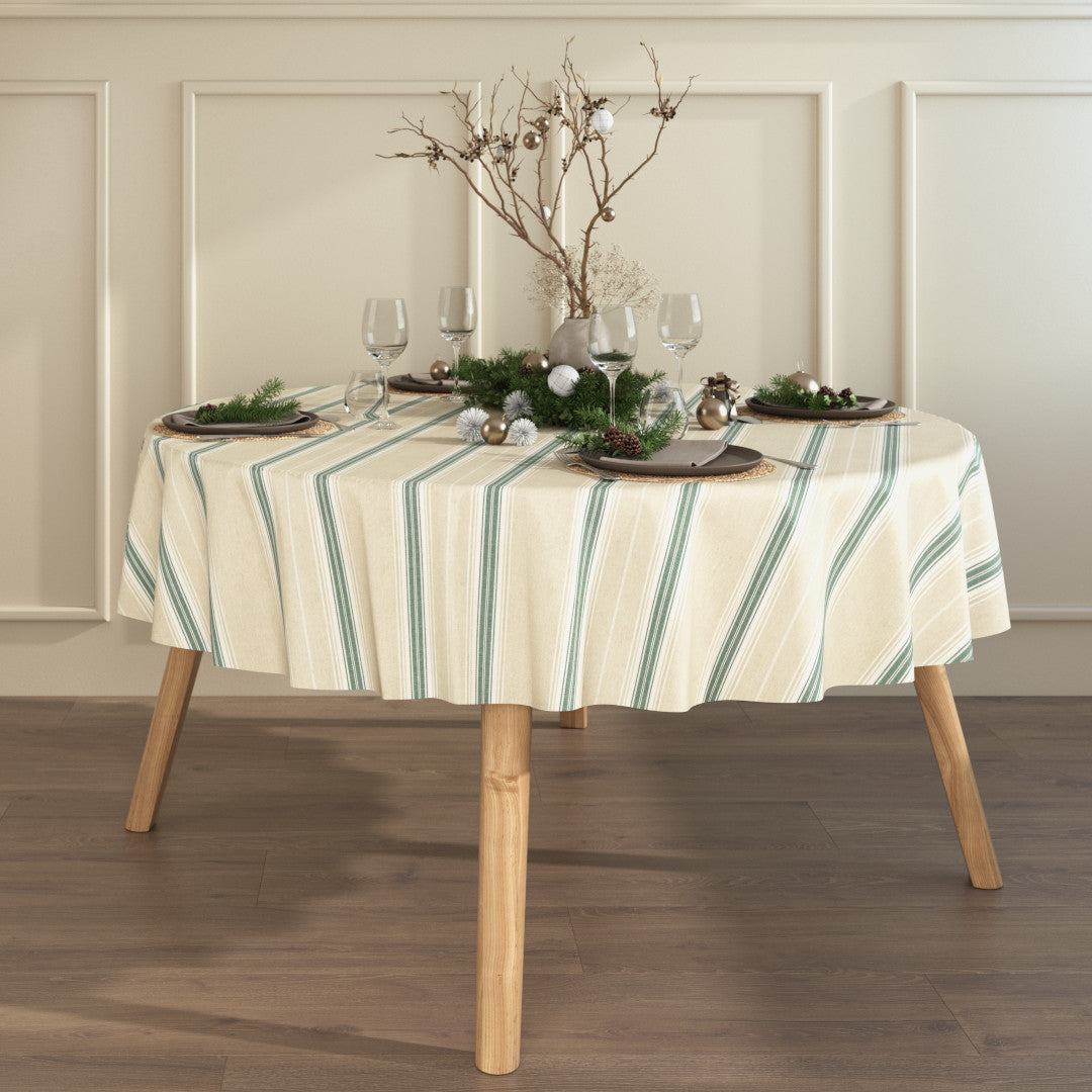 Nordisk Jul Grön Randig - Rund akrylbelagd textilduk i linnelook