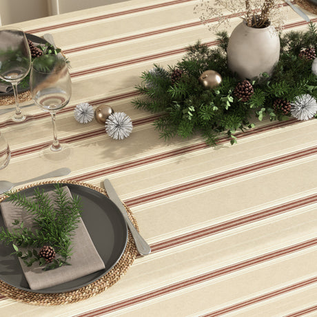 Bordet dukat med Nordisk Jul Röd Randig - Akrylbelagd textilduk i linnelook