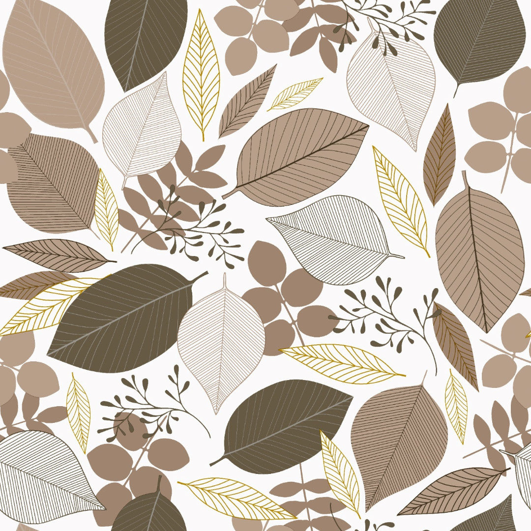 På bordet Nordic Forest - Vaxduk med beige och gyllene lövNordisk Skov - Voksdug med bladmotiv i beige og gyldne nuancer, bord