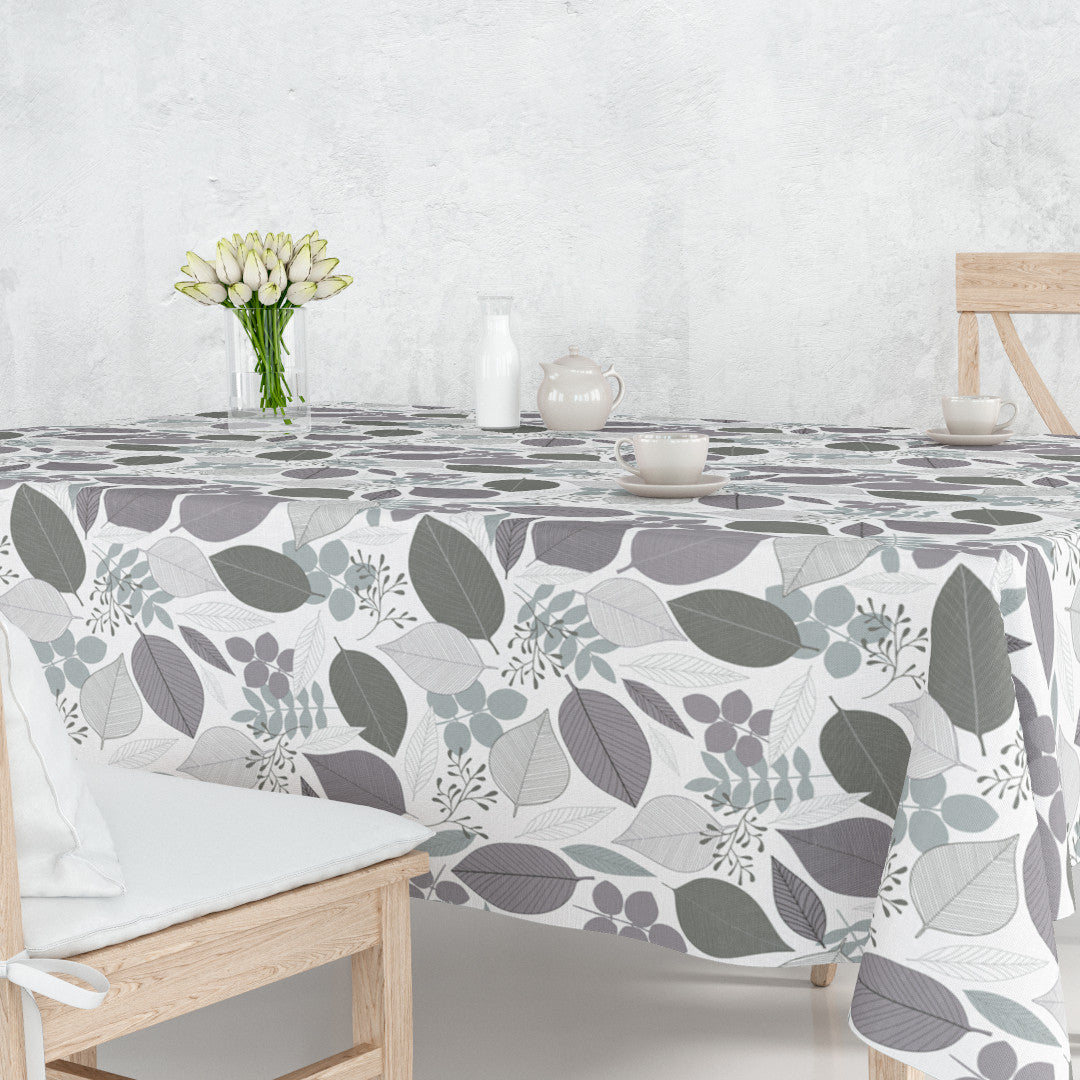 Närbild av Nordic Forest - Vaxduk med blad i grå nyanser