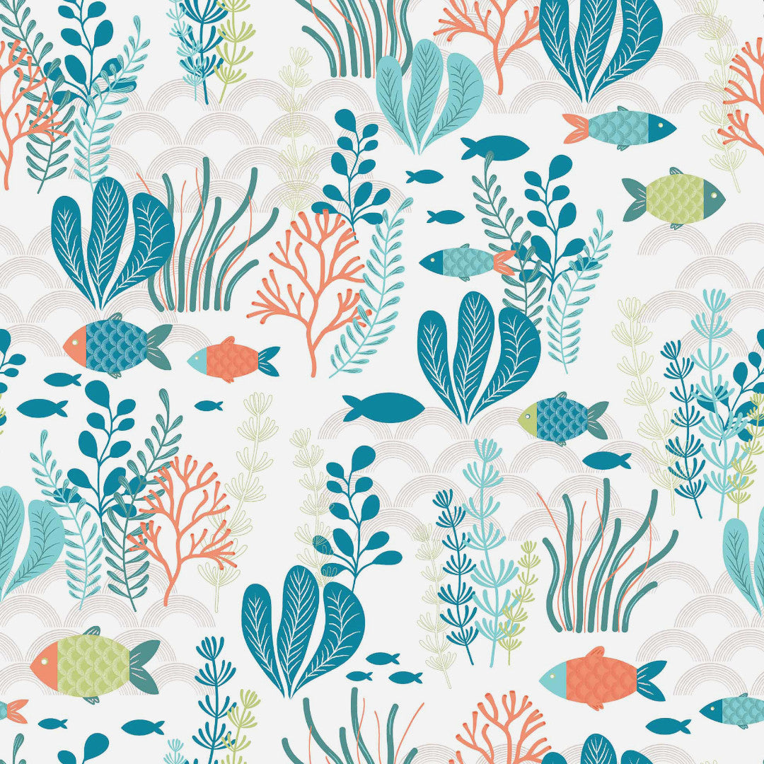 Oceania White - Vaxduk med fisk och havsväxter närbild