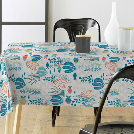 På bordet Oceania White - Vaxduk med fisk och havsväxter