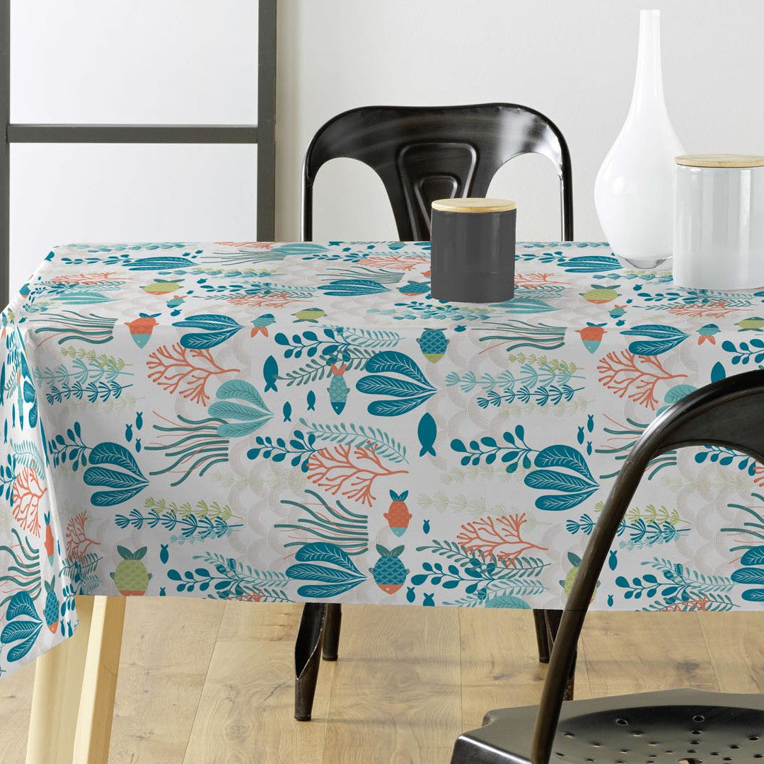 På bordet Oceania White - Vaxduk med fisk och havsväxter