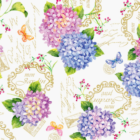 Närbild av Ortensie, vaxduk med hortensior, 140 cm bred