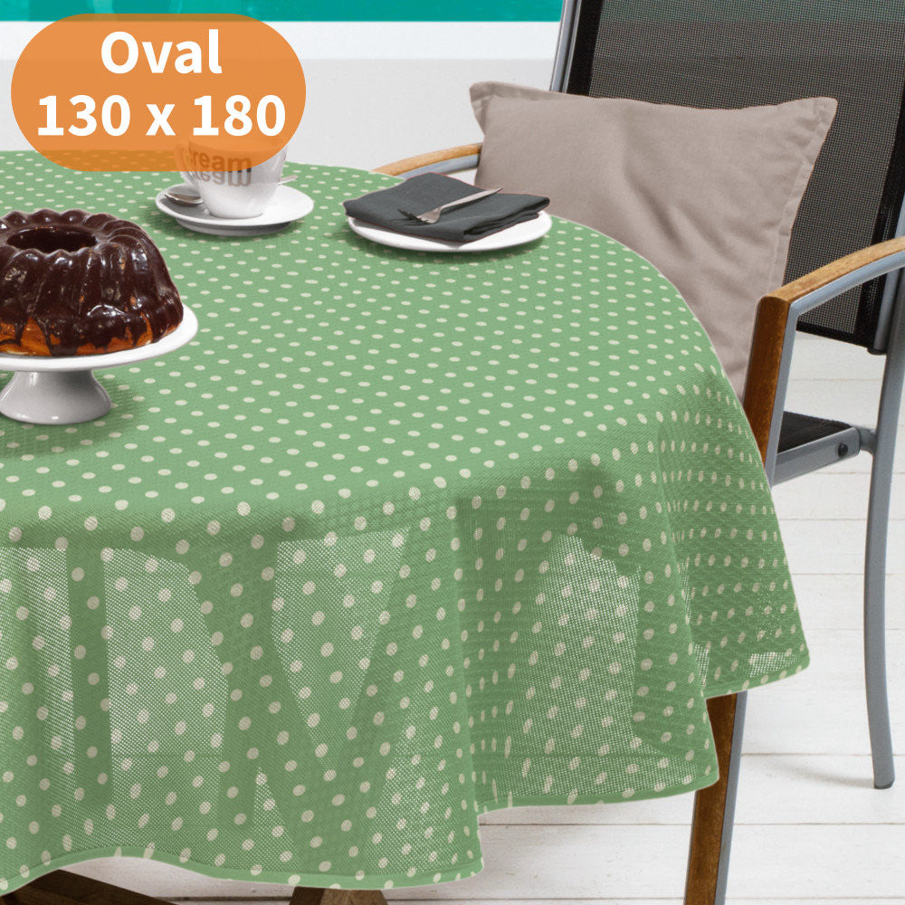 Polka grön/vit 130 x 180 cm - Oval sommarduk till trädgårdsbordet