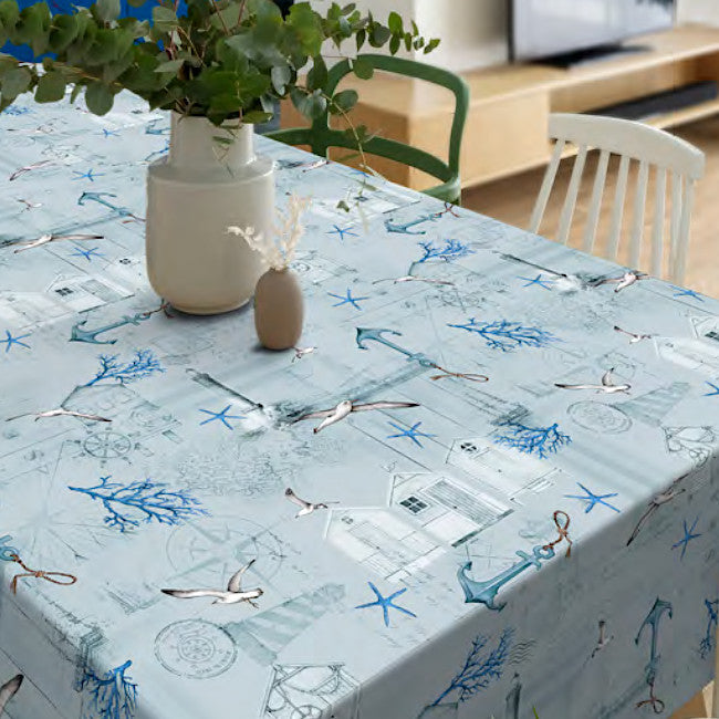 Under himlen - över havet - Ljusgrå/blå vaxduk med maritima motiv