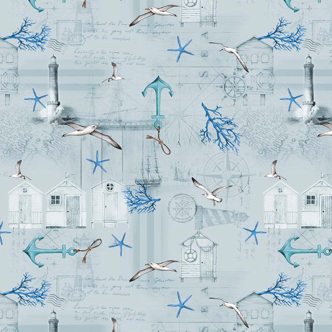 Under himlen - över havet - Ljusgrå/blå vaxduk med maritima motiv