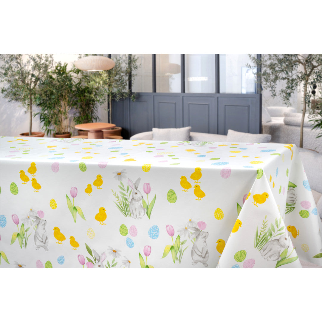 Påskglädje - vaxduk med kycklingar, harar och ägg