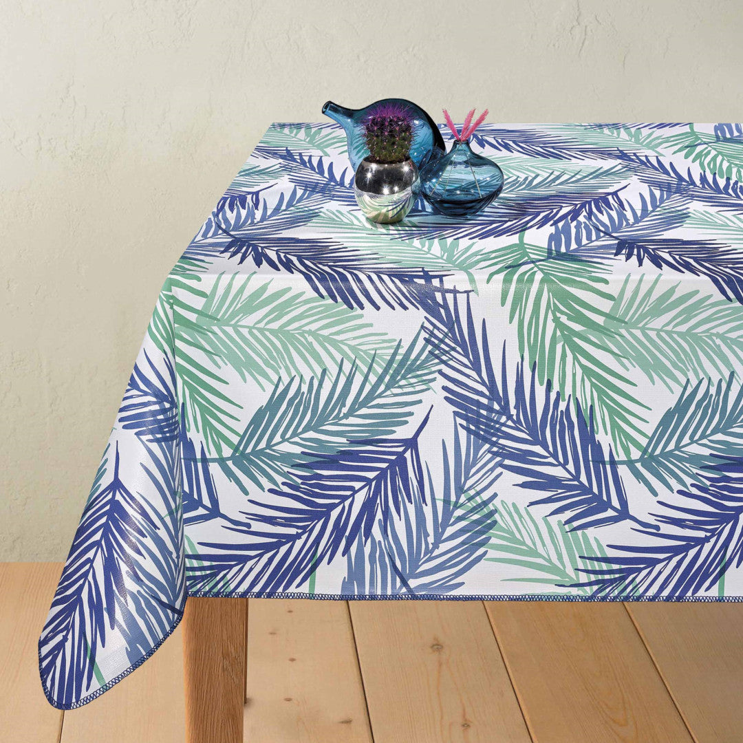 Palmlöv Blå - Vit vaxduk med palmlöv